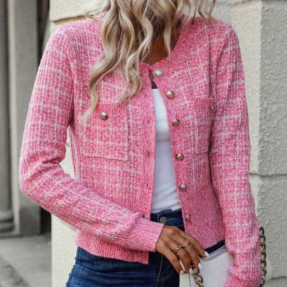 Hot Pink Elegant Women's Button Decor Casual Cardigan